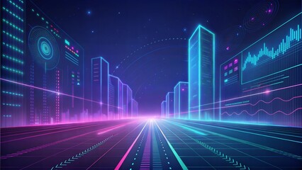 Futuristic cityscape with neon lights and digital data visualization