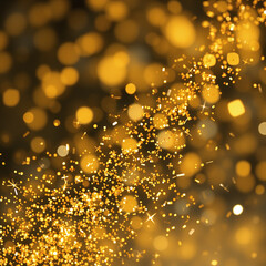A shower of golden glitter and bokeh lights falling onto a surface covered in golden glitter, creating a festive and luxurious atmosphere against a dark background