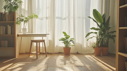 Cozy Modern Living Room with Soft Lighting and Indoor Plants Promoting Mindfulness