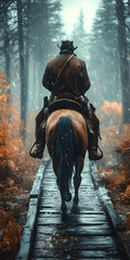 Lone cowboy riding horse on misty forest path.