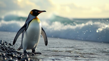 Fototapeta premium Penguin Walking Along Icy Shoreline