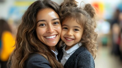 A woman and a child are smiling at the camera