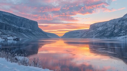 Serene winter landscape at sunset reflecting on calm waters between snow-covered cliffs.
