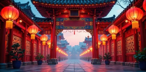 Ornate temple entrance, vibrant lanterns, festive banners , festival, gate, auspicious symbols