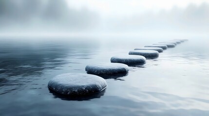 A series of rocks are floating in the water, creating a path