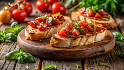 Delicious Toasted Bread with Roasted Tomatoes and Fresh Herbs on a Wooden Board