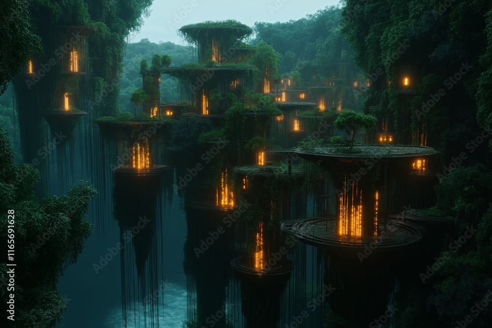 Poster a surreal landscape where floating islands are chained together by enormous glowing vines.