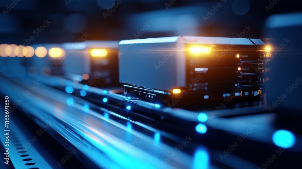 Poster modern data center with server hardware and blinking lights in high-tech environment