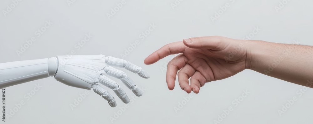 Poster human and robot hands reaching out for connection in a futuristic setting