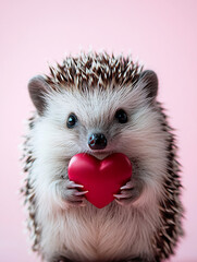 Hedgehog holding a red heart against a pink background, symbolizing love and Valentine's Day