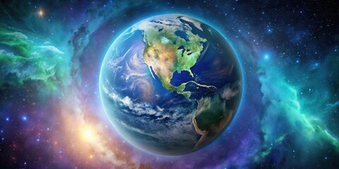 Obraz premium A celestial view of Earth, showcasing North and South America, surrounded by a vibrant tapestry of nebulae and shimmering stars, illuminating the vastness of space.