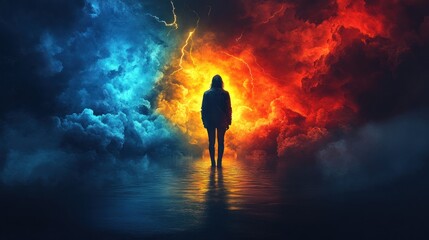 Obraz premium Silhouette of person standing between fiery and icy storm clouds.