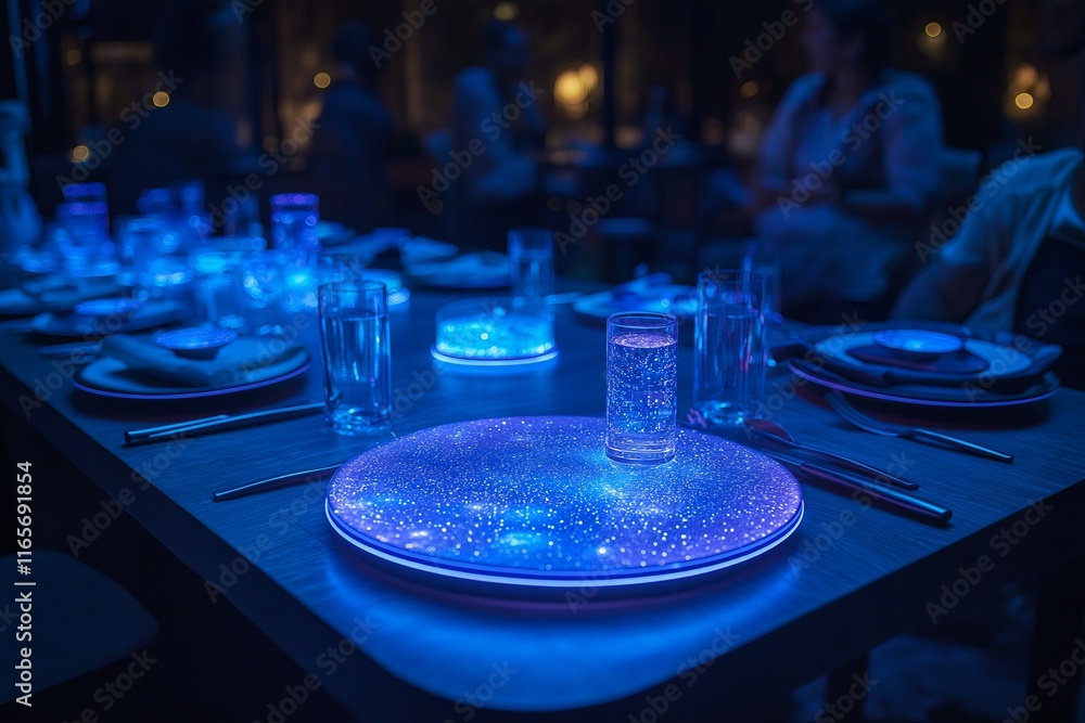 Poster a table set for dinner where the plates hold miniature galaxies instead of food