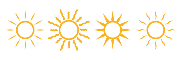 Sun vector set of four in yellow color on white background. Sun simple icons collection. Yellow sun icon set, sunshine and solar glow, sunrise or sunset. Eps 10.