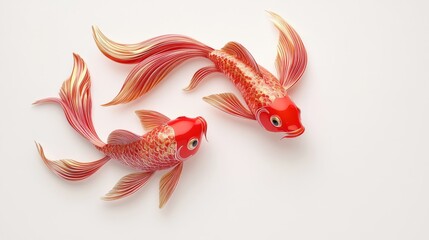 Harmonious Chinese Fish Duo - Cartoon Style 3D Illustration with Red, Gold Fish and Traditional Patterns on White Background for Banners and Websites