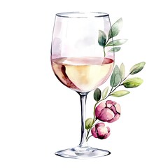 Watercolor painting of a glass of white wine adorned with delicate pink flowers and green leaves.