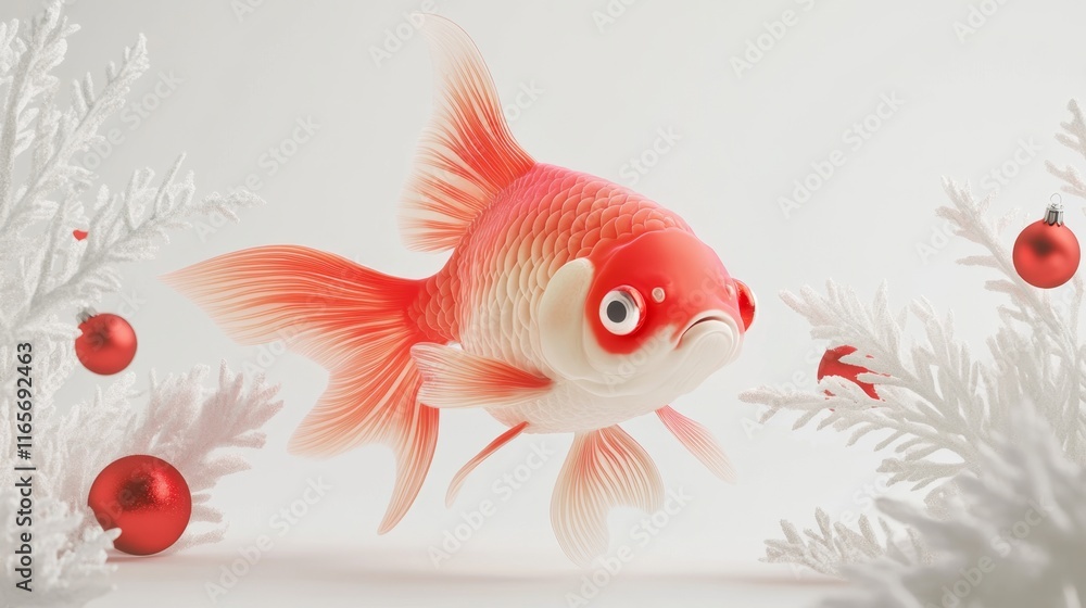 Poster glowing goldfish - elegant 3d rendering of a single goldfish with striking red accents in festive se
