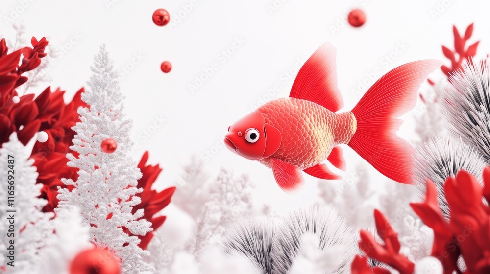 Poster elegant 3d render of goldfish with red accents in festive setting on white background for campaign f