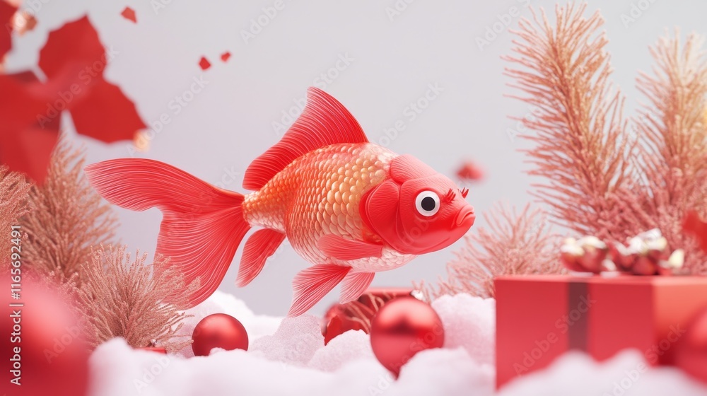 Poster glowing goldfish: elegant 3d render with vibrant red details in festive setting on white background 