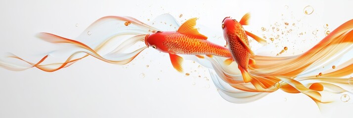 Vibrant 3D Red and Gold Fish Celebrating in a Festive Dance Against a Clean White Background - Ideal for Banners and Presentations