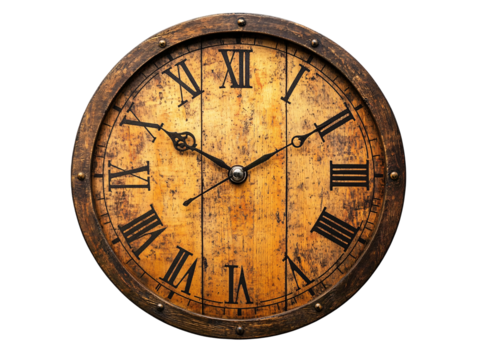 Isolated Weathered Wooden Clock with Roman Numerals