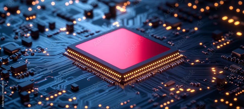 Poster glowing microchip on circuit board, technology background with cpu and electronic components