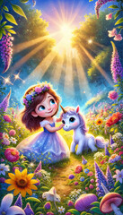 Fototapeta premium A fairytale scene of a girl caressing a small unicorn surrounded by vibrant flowers and magical glowing sunlight in a serene meadow full of whimsical charm.