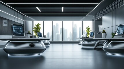A futuristic collaborative office with levitating desks, AI-driven displays, and sleek, automated storage pods