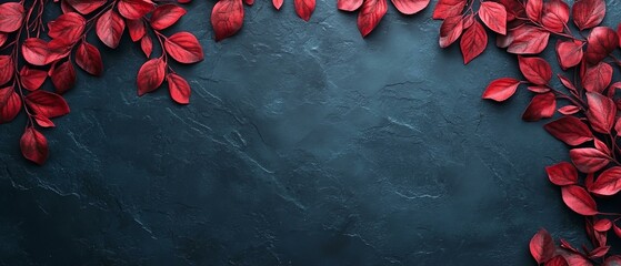 Autumn background with colored red leaves on blue slate background.