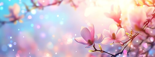 Fototapeta premium Closeup of blooming magnolia tree in spring on pastel bokeh background