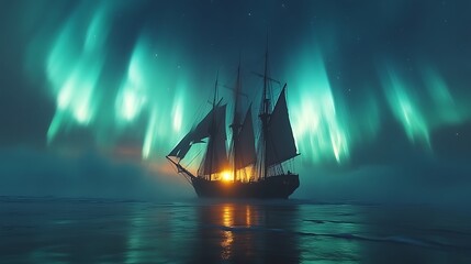 Sailing ship at night under aurora borealis. (1)