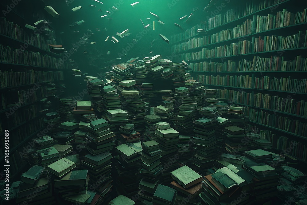Poster a vast library where books float mid-air, glowing faintly with untold secrets.