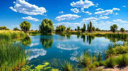 Fototapeta premium Serene pond reflecting a vibrant blue sky, lush greenery, and fluffy white clouds. Peaceful landscape perfect for relaxation and tranquility.