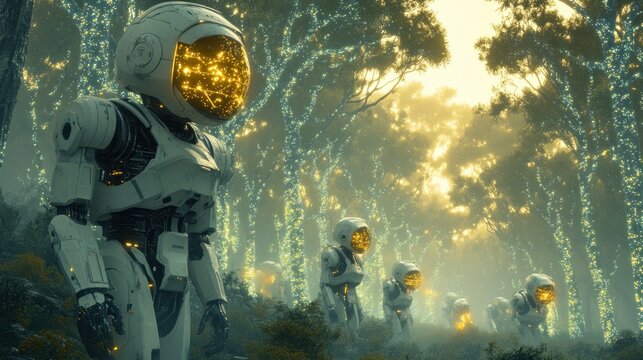 White robots in glowing forest, futuristic scene.