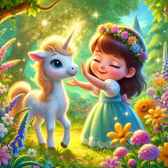 Naklejka premium An animated fairytale moment of a girl in a whimsical dress bonding with a unicorn in a vibrant forest filled with blooming flowers, glowing sunlight, and sparkling magic.