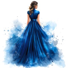 Watercolor Painting of a Woman in a Flowing Blue Gown, Viewed from Behind.