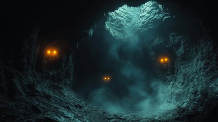 Dark cave, glowing eyes, ominous atmosphere.