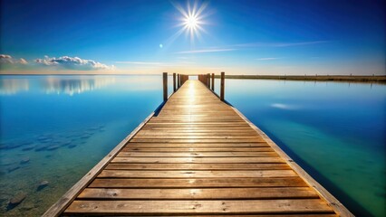 Obraz premium Serene wooden dock extending over tranquil blue water, bathed in the golden light of a radiant sun, creating a picturesque summer scene.