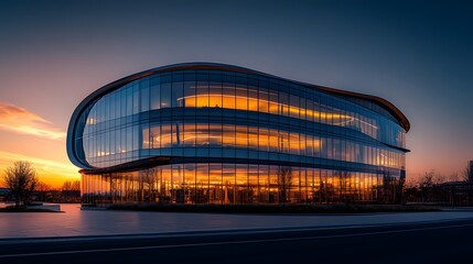 Modern futuristic architecture with curved glass buildings reflecting the warm orange sunlight of sunset. Panoramic windows and sleek lines create a contemporary office building silhouette with lens f