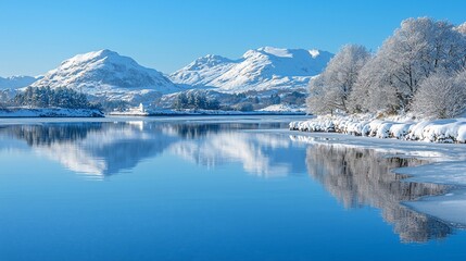 Snow-covered mountains reflected in a calm, frozen lake.