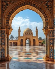 Mosque viewed through ornate archway.
