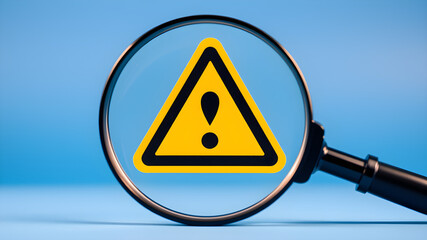 A magnifying glass focuses on a yellow warning triangle with an exclamation mark, highlighting the importance of attention to potential danger.