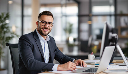 Confident businessman working at desk in modern office smiling at camera