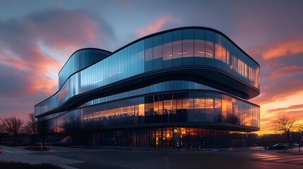 Modern futuristic architecture with curved glass buildings reflecting the warm orange sunlight of sunset. Panoramic windows and sleek lines create a contemporary office building silhouette with lens f