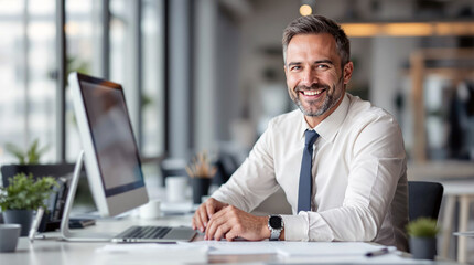 Confident businessman smiling desk in modern office working on laptop