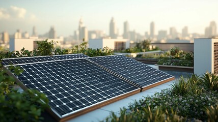 Fototapeta premium Sustainable urban development modern eco city photorealistic rooftop solar panels urban landscape green architecture