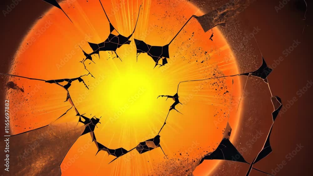 Poster visual representation of a broken sun with cracks displayed against a dark background