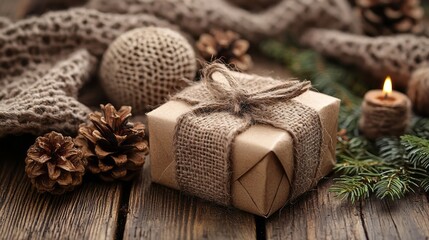 A rustic holiday scene featuring a wrapped gift, pine cones, and natural decorations.