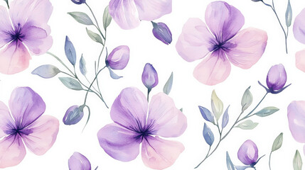 Gentle mauve watercolor flowers with delicate leaves on white background