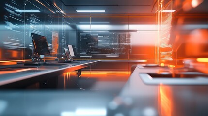 A futuristic design with holographic walls, sleek floating workstations, and dynamic light reflections